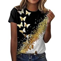 Tshirt Damen Lässige Oberteile mit 3D Rosen Schmetterlings Druck Sommer Tops Kurzärmliges T Shirt mit O Ausschnitt Floralen Motiven Hemden Basic Shirt Longshirt Damen von JiJiRuDU