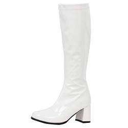 Gogo Stiefel für Frauen, kniehohe Stiefel, PU Leder Reißverschluss Damen Party Tanzschuhe, Weiá (Weiß / glänzend), 37 EU von JiaLuoWei