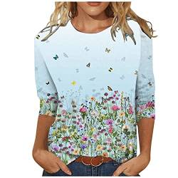 Bluse Damen Elegant Damen T-Shirt 3/4 Arm Oberteile Tops Bunte Blumenmuster Druck Tunika Shirt Lose Rundhals Sommershirts Mode Damenblusen Langarm Blumen Bluse Tshirt von Jiabing