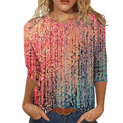 Damen T-Shirt 3/4 Arm Oberteile Tops Bunte Blumenmuster Druck Tunika Shirt Lose Rundhals Sommershirts Mode Damenblusen Langarm Blumen Bluse Tshirt von Jiabing