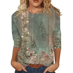 Damen T-Shirt 3/4 Arm Oberteile Tops Bunte Blumenmuster Druck Tunika Shirt Lose Rundhals Sommershirts Mode Damenblusen Langarm Blumen Bluse Tshirt von Jiabing