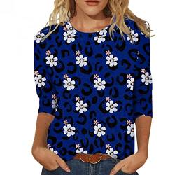 Damen T-Shirt 3/4 Arm Oberteile Tops Elegant Schmetterling Druck Shirt Tunika Lose Rundhals Sommershirts Mode Damenblusen Langarm Blumen Bluse Tshirt von Jiabing