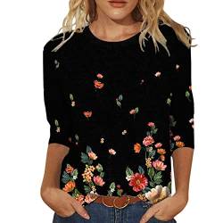 Damen T-Shirt 3/4 Arm Oberteile Tops Elegant Schmetterling Druck Shirt Tunika Lose Rundhals Sommershirts Mode Damenblusen Langarm Blumen Bluse Tshirt von Jiabing