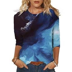 Damen T-Shirt 3/4 Arm Oberteile Tops Elegant Schmetterling Druck Shirt Tunika Lose Rundhals Sommershirts Mode Damenblusen Langarm Blumen Bluse Tshirt von Jiabing