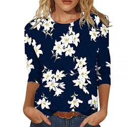 Damen T-Shirt 3/4 Arm Oberteile Tops Elegant Schmetterling Druck Shirt Tunika Lose Rundhals Sommershirts Mode Damenblusen Langarm Blumen Bluse Tshirt von Jiabing