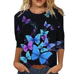 Damen T-Shirt 3/4 Arm Oberteile Tops Elegant Schmetterling Druck Shirt Tunika Lose Rundhals Sommershirts Mode Damenblusen Langarm Blumen Bluse Tshirt von Jiabing