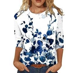 Jiabing Bluse Damen Elegant Damen T-Shirt 3/4 Arm Oberteile Tops Bunte Blumenmuster Druck Tunika Shirt Lose Rundhals Sommershirts Mode Damenblusen Langarm Blumen Bluse Tshirt von Jiabing