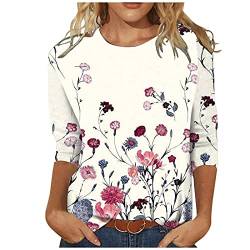 Jiabing Bluse Damen Elegant Damen T-Shirt 3/4 Arm Oberteile Tops Bunte Blumenmuster Druck Tunika Shirt Lose Rundhals Sommershirts Mode Damenblusen Langarm Blumen Bluse Tshirt von Jiabing