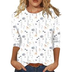 Jiabing Bluse Damen Elegant Damen T-Shirt 3/4 Arm Oberteile Tops Bunte Blumenmuster Druck Tunika Shirt Lose Rundhals Sommershirts Mode Damenblusen Langarm Blumen Bluse Tshirt von Jiabing