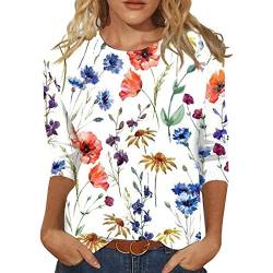 Jiabing Bluse Damen Elegant Damen T-Shirt 3/4 Arm Oberteile Tops Bunte Blumenmuster Druck Tunika Shirt Lose Rundhals Sommershirts Mode Damenblusen Langarm Blumen Bluse Tshirt von Jiabing