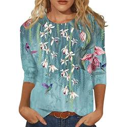 Jiabing Damen T Shirt 3/4 Arm Oberteile Tops Aquarelle Motiv Damenshirts Bunte Blumenmuster Druck Tunika T-Shirt Lose Rundhals Sommershirts Mode Herbst Damenblusen Langarm Blumen Bluse Tshirt von Jiabing