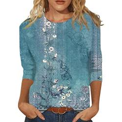 Jiabing Damen T Shirt 3/4 Arm Oberteile Tops Aquarelle Motiv Damenshirts Bunte Blumenmuster Druck Tunika T-Shirt Lose Rundhals Sommershirts Mode Herbst Damenblusen Langarm Blumen Bluse Tshirt von Jiabing