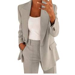 Jiabing Hosenanzug Damen Elegant Business Anzug Set 2-Teilig Slim Fit Blazer Hose Outfit Casual Sportlich Freizeitanzug Mode Revers Longblazer Lang Hosen Baumwolle Einfarbig Streetwear von Jiabing