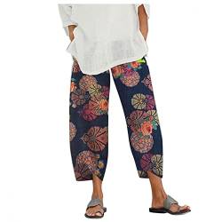 Jiabing Leinenhose Damen Sommer Boho Strandhose 7/8 Lang Freizeithose Baumwolle Leinen Pusteblumen Druck Sommerhose Capri Elastisch Gummibund Hose Große Größen Haremshose Yogahose von Jiabing