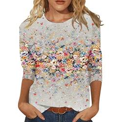 Jiabing Shirts Damen Elegant Damen T-Shirt 3/4 Arm Oberteile Tops Bunte Blumenmuster Druck Tunika Shirt Lose Rundhals Sommershirts Mode Damenblusen Langarm Blumen Bluse Tshirt von Jiabing