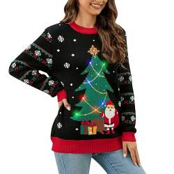 Jiabing Weihnachtspullover für Damen Kuschelpullover Weihnachtspulli Strickpullover Led Licht Weihnachtsbaum Design Unisex Ugly Christmas Sweater Winter Pullover mit Rundhalsausschnitt von Jiabing