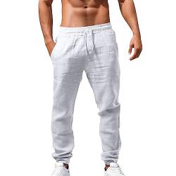 Leinenhosen Herren Lang Strandhose Einfarbig Leicht Sommerhose Loose Fit Bequeme Leinen Hose Casual Freizeithose für Urlaub Strand Alltag Palazzo Hose mit Kordelzug Taschen von Jiabing