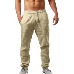 Leinenhosen Herren Lang Strandhose Einfarbig Leicht Sommerhose Loose Fit Bequeme Leinen Hose Casual Freizeithose für Urlaub Strand Alltag Palazzo Hose mit Kordelzug Taschen von Jiabing