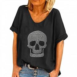 Lulupi Damen Oversize Shirt Totenkopf Glänzend Strass Tshirt Lose Kurzarm Schwarz Bluse Oberteile Tops Glitzersteine Damenblusen T-Shirt Bar Party Karneval Punk Top Shirts von Jiabing