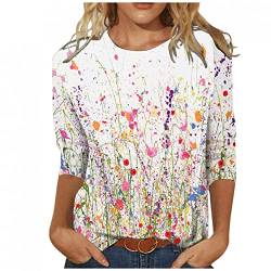 Lulupi Damen T-Shirt 3/4 Arm Oberteile Tops Bunte Blumenmuster Druck Tunika Shirt Lose Rundhals Sommershirts Mode Damenblusen Langarm Blumen Bluse Tshirt von Jiabing