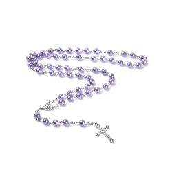 Jiali Q Katholisches Kreuz Rosenkranz Halskette, farbiges Harz, handgefertigt, christlicher Stil, mit Retro-Kreuz (purple) von Jiali Q