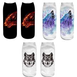 Jilibaba Baumwolle Casual Socken 3 Paar 3D Mode Unisex Kurze Socken Wolf Kopf Niedrig Knöchel Sox Stil B von Jilibaba