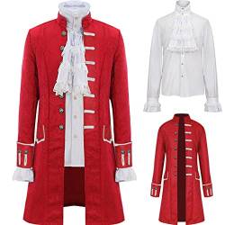 Herren Steampunk Renaissance Uniform Set Trenchcoat Viktorianische Edwardianische Vintage Jacke Frock Pirat Vampir Cosplay Kostüm Outfits, rot, L von Jilijia