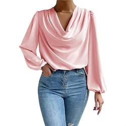 Einfarbige Chiffon-Blusen für Damen, Puff-Langarm-Shirts, elegant, drapiert, Wasserfallkragen, gerüschte Vorderseite, lockerer Pullover, Oberteil mit Wasserfallkragen von Jilin