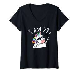 Damen I am 29+ | Mittelfinger Einhorn | Lustiger Geburtstag Spruch T-Shirt mit V-Ausschnitt von Jimbeels