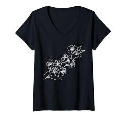 Damen One Line Art Zeichnung Kirschblüten T-Shirt mit V-Ausschnitt von Jimbeels