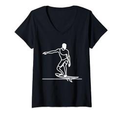 Damen Surfbrett One Line Kunst Zeichnen Surfen T-Shirt mit V-Ausschnitt von Jimbeels