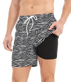 Jimlieay Badehose Herren mit Kompression Liner 2 in 1 Atmungsaktiv Badeshorts Männer Elastisch kurz Badehose Schwimmhose Trainingsshorts Zebra Muster von Jimlieay