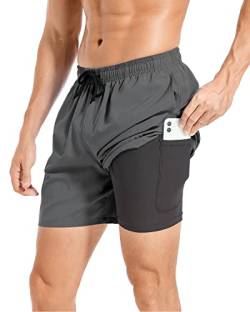 Jimlieay Badehose Herren mit Kompression Männer Badehose mit innenhose Board Shorts 2 in 1 Reißverschlusstasche kurz Badehose von Jimlieay