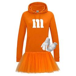 Hoodie M&M + Tüllrock Karneval Gruppenkostüm Schokolinse 9 Farben Damen XS-2XL Mundm Fans Tanzgruppe Fasching Verkleidung Rosenmontag, Gr.:L, Farbe:orange - Logo weiss (+Handschuhe weis/Tütü orange) von Jimmys Textilfactory