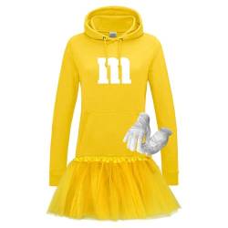 Hoodie M&M + Tüllrock Karneval Gruppenkostüm Schokolinse 9 Farben Damen XS-2XL Mundm Fans Tanzgruppe Fasching Verkleidung Rosenmontag, Größe:L, Farbe:gelb - Logo weiss (+Handschuhe weiss/Tütü gelb) von Jimmys Textilfactory