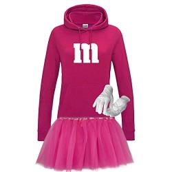 Hoodie M&M + Tüllrock Karneval Gruppenkostüm Schokolinse 9 Farben Damen XS-2XL Mundm Fans Tanzgruppe Fasching Verkleidung Rosenmontag, Größe:S, Farbe:pink - Logo weiss (+Handschuhe weiss/Tütü pink) von Jimmys Textilfactory