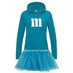 Hoodie M&M + Tüllrock Karneval Gruppenkostüm Schokolinse 9 Farben Damen XS-2XL Mundm Fans Tanzgruppe Fasching Verkleidung Rosenmontag, Größe:S, Farbe:türkis - Logo weiss (+Tütü türkis) von Jimmys Textilfactory