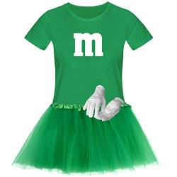 T-Shirt M&M + Tüllrock Karneval Gruppenkostüm Schokolinse 11 Farben Damen XS-3XL Fasching Verkleidung M's Fans Tanzgruppe, Gr.:2XL, Farbauswahl:grün - Logo Weiss (+Handschuhe Weiss/Tütü grün) von Jimmys Textilfactory