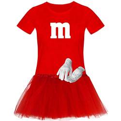 T-Shirt M&M + Tüllrock Karneval Gruppenkostüm Schokolinse 11 Farben Damen XS-3XL Fasching Verkleidung M's Fans Tanzgruppe, Gr.:3XL, Farbauswahl:rot - Logo Weiss (+Handschuhe Weiss/Tütü rot) von Jimmys Textilfactory