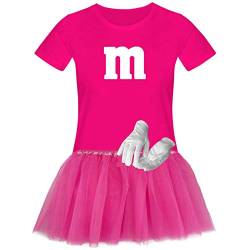 T-Shirt M&M + Tüllrock Karneval Gruppenkostüm Schokolinse 11 Farben Damen XS-3XL Fasching Verkleidung M's Fans Tanzgruppe, Gr.:L, Farbauswahl:pink - Logo Weiss (+Handschuhe Weiss/Tütü pink) von Jimmys Textilfactory