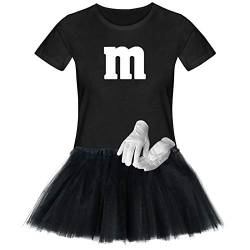 T-Shirt M&M + Tüllrock Karneval Gruppenkostüm Schokolinse 11 Farben Damen XS-3XL Fasching Verkleidung M's Fans Tanzgruppe, Gr.:M, Farbauswahl:schwarz - Logo Weiss (+Handschuhe Weiss/Tütü schwarz) von Jimmys Textilfactory