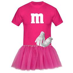 T-Shirt M&M + Tüllrock Karneval Gruppenkostüm Schokolinse 8 Farben Herren XS-5XL Fasching Verkleidung M's Fans Tanzgruppe, Gr.:2XL, Farbauswahl:pink - Logo Weiss (+Handschuhe Weiss/Tütü pink) von Jimmys Textilfactory