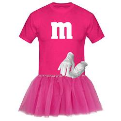 T-Shirt M&M + Tüllrock Karneval Gruppenkostüm Schokolinse 8 Farben Herren XS-5XL Fasching Verkleidung M's Fans Tanzgruppe, Gr.:3XL, Farbauswahl:pink - Logo Weiss (+Handschuhe Weiss/Tütü pink) von Jimmys Textilfactory