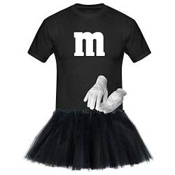 T-Shirt M&M + Tüllrock Karneval Gruppenkostüm Schokolinse 8 Farben Herren XS-5XL Fasching Verkleidung M's Fans Tanzgruppe, Gr.:3XL, Farbauswahl:schwarz - Logo Weiss (+Handschuhe Weiss/Tütü schwarz) von Jimmys Textilfactory