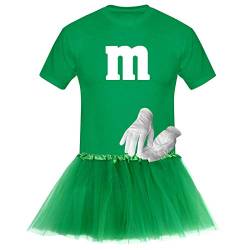 T-Shirt M&M + Tüllrock Karneval Gruppenkostüm Schokolinse 8 Farben Herren XS-5XL Fasching Verkleidung M's Fans Tanzgruppe, Gr.:M, Farbauswahl:grün - Logo Weiss (+Handschuhe Weiss/Tütü grün) von Jimmys Textilfactory