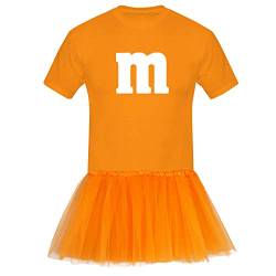 T-Shirt M&M + Tüllrock Karneval Gruppenkostüm Schokolinse 8 Farben Herren XS-5XL Fasching Verkleidung M's Fans Tanzgruppe, Größenauswahl:4XL, Farbauswahl:orange - Logo Weiss (+Tütü orange) von Jimmys Textilfactory