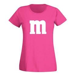 T-Shirt M&M Schoko-Linse Gruppenkostüm Karneval Fasching 15 Farben Damen XS-3XL M's Fans Ms Krümelmonster Darts Tanzgruppe Mottoparty, Größenauswahl:2XL, Farbe:pink/Fuchsia - Logo Weiss von Jimmys Textilfactory