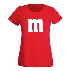 T-Shirt M&M Schoko-Linse Gruppenkostüm Karneval Fasching 15 Farben Damen XS-3XL M's Fans Ms Krümelmonster Darts Tanzgruppe Mottoparty, Größenauswahl:M, Farbe:rot - Logo Weiss von Jimmys Textilfactory