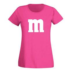 T-Shirt M&M Schoko-Linse Gruppenkostüm Karneval Fasching 15 Farben Damen XS-3XL M's Fans Ms Krümelmonster Darts Tanzgruppe Mottoparty, Größenauswahl:S, Farbe:pink/Fuchsia - Logo Weiss von Jimmys Textilfactory