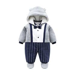 JinBei Baby Strampler Winter Dinosaurier Neugeborenes Jungen Blau Grau Gestreift Krawatte Langarm Schlafanzug Baumwolle Overalls Säugling Spielanzug Kapuze Footies 3-6 Monate von JinBei